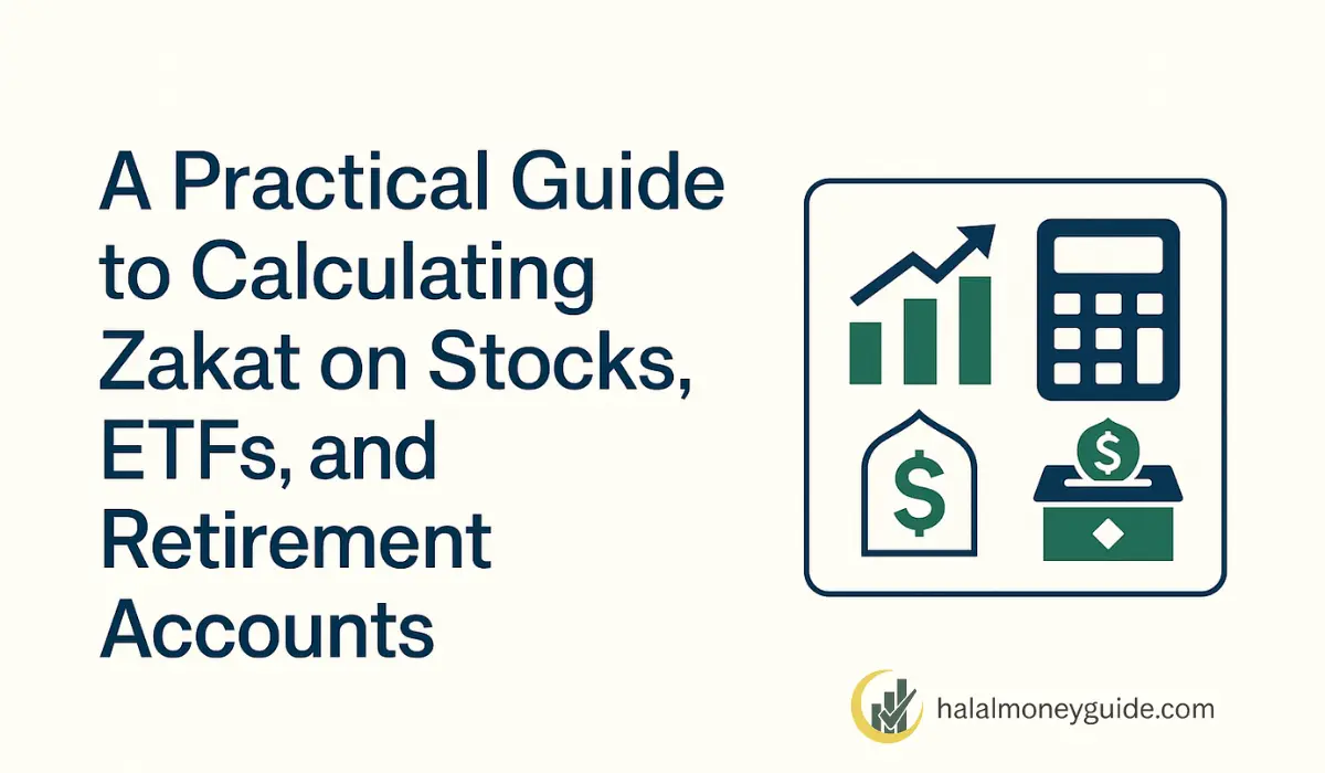 Cover image for a practical guide on how to calculate zakat on stocks, ETFs, and retirement accounts.
