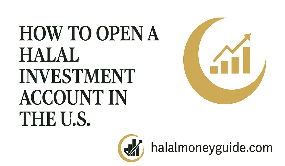 A flat-style digital illustration showing a laptop and smartphone displaying a halal investment portfolio, with icons for growth, savings, and housing. Bold headline reads: ‘Welcome to Our Ultimate Guide to Halal Investing’ in dark green on a clean off-white background.